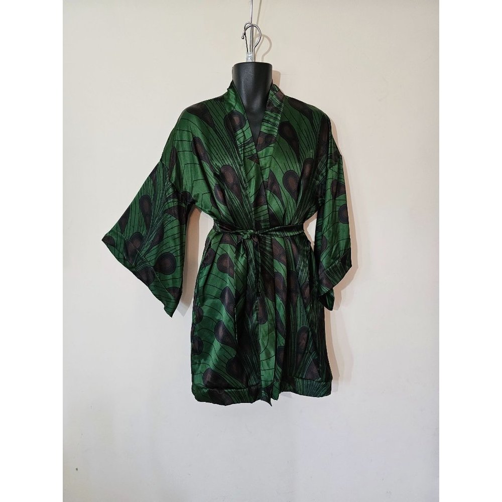 Peacock-Print Satin Kimono Robe - Green